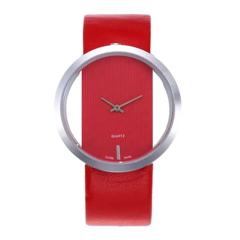 Unisex leather quartz wrist watch with black strap and glass dial