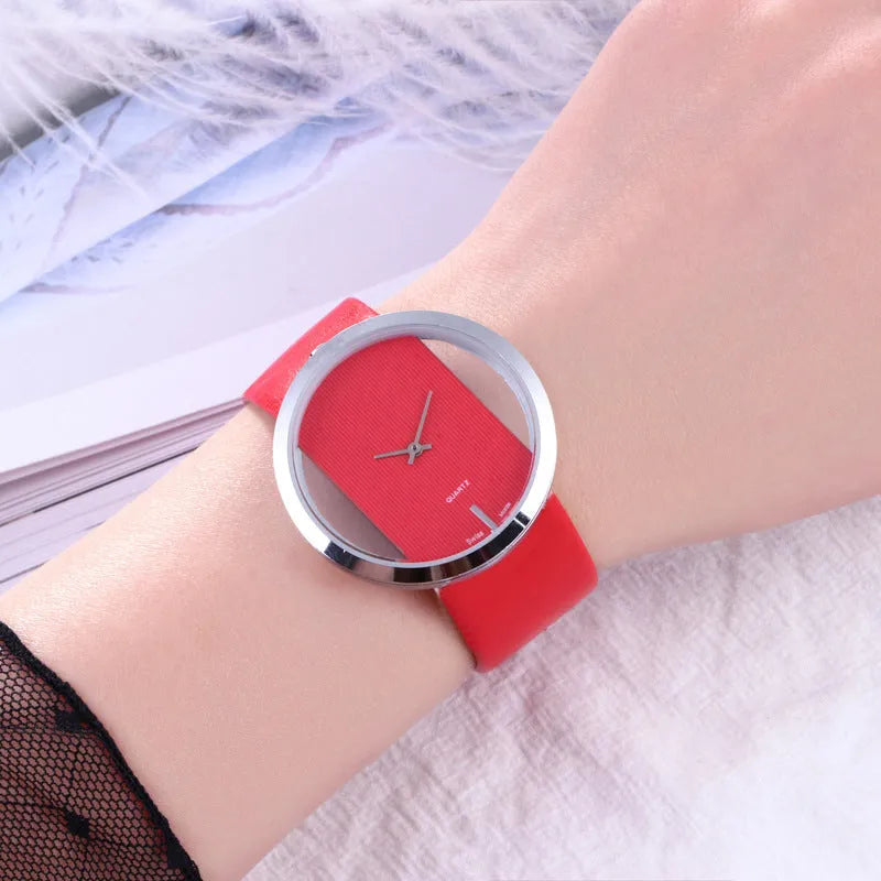 Unisex leather quartz wrist watch with black strap and glass dial