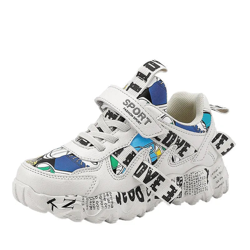 Boys' spring sneaker with velcro strap and rubber sole in beige blue, white red, or bright red.