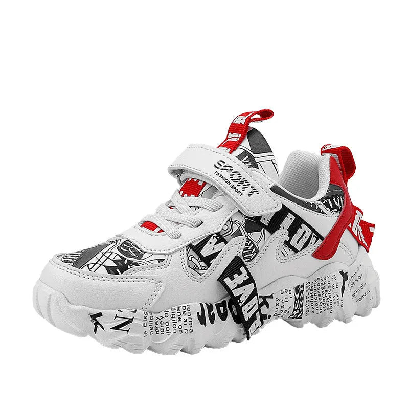 Boys' spring sneaker with velcro strap and rubber sole in beige blue, white red, or bright red.