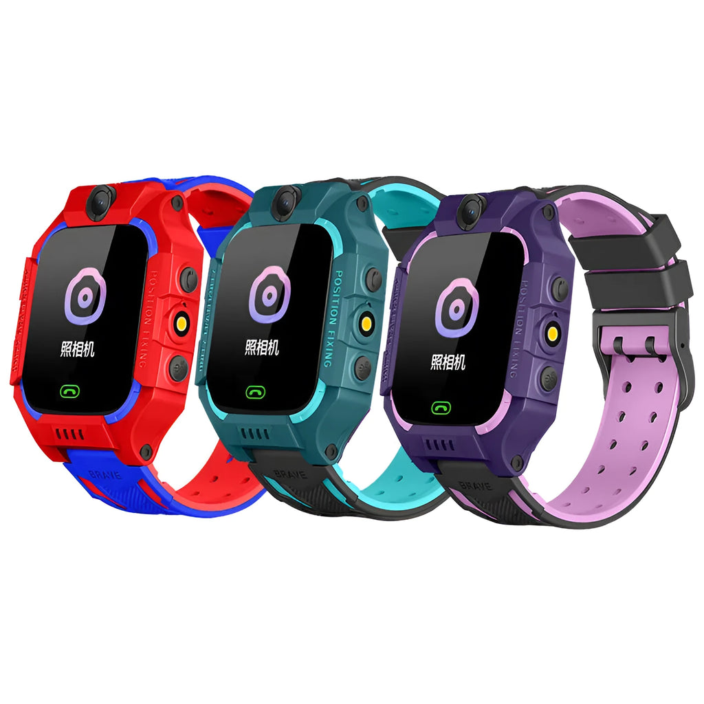 Z6 Q19 children's smart phone watch in green, purple, and red colours showing 1.44 inch touch screen