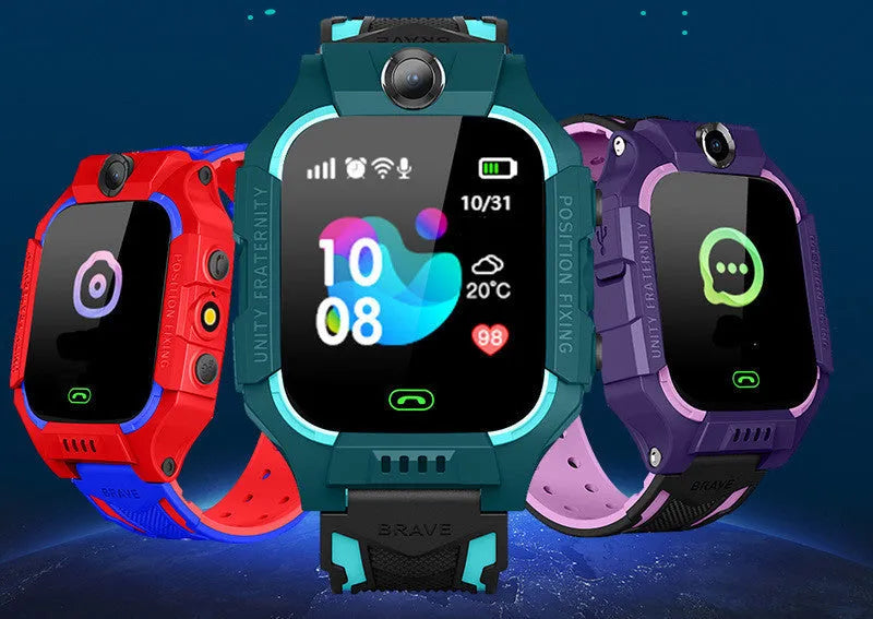 Z6 Q19 children's smart phone watch in green, purple, and red colours showing 1.44 inch touch screen