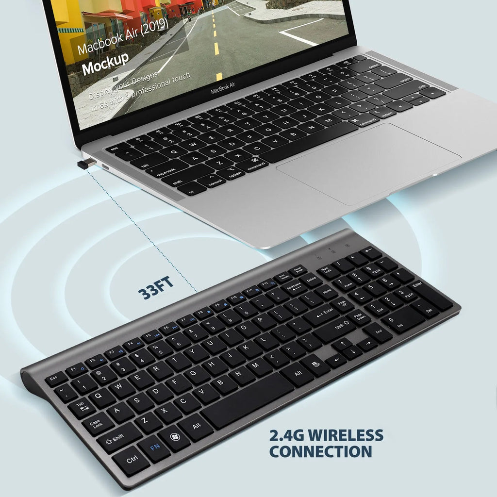 Wireless keyboard iron gray silicone keys ultra-thin profile with Nano USB receiver stored on back