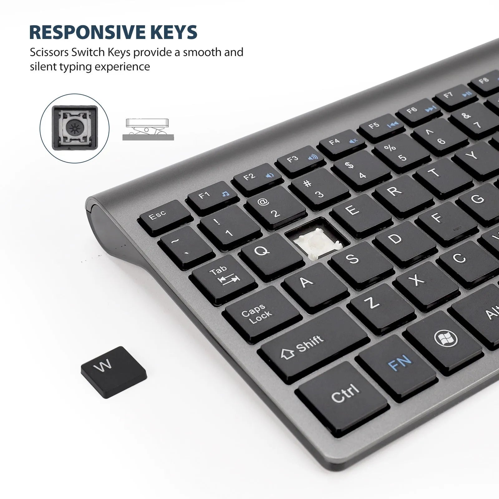 Wireless keyboard iron gray silicone keys ultra-thin profile with Nano USB receiver stored on back