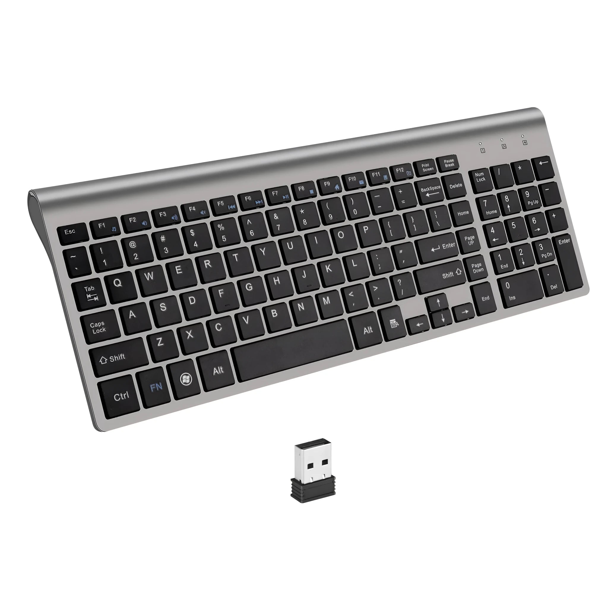 Wireless keyboard iron gray silicone keys ultra-thin profile with Nano USB receiver stored on back
