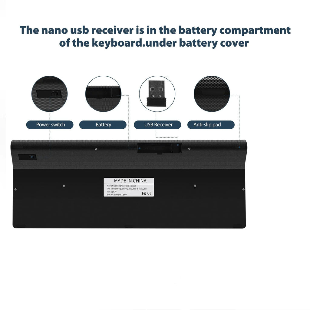 Wireless keyboard iron gray silicone keys ultra-thin profile with Nano USB receiver stored on back