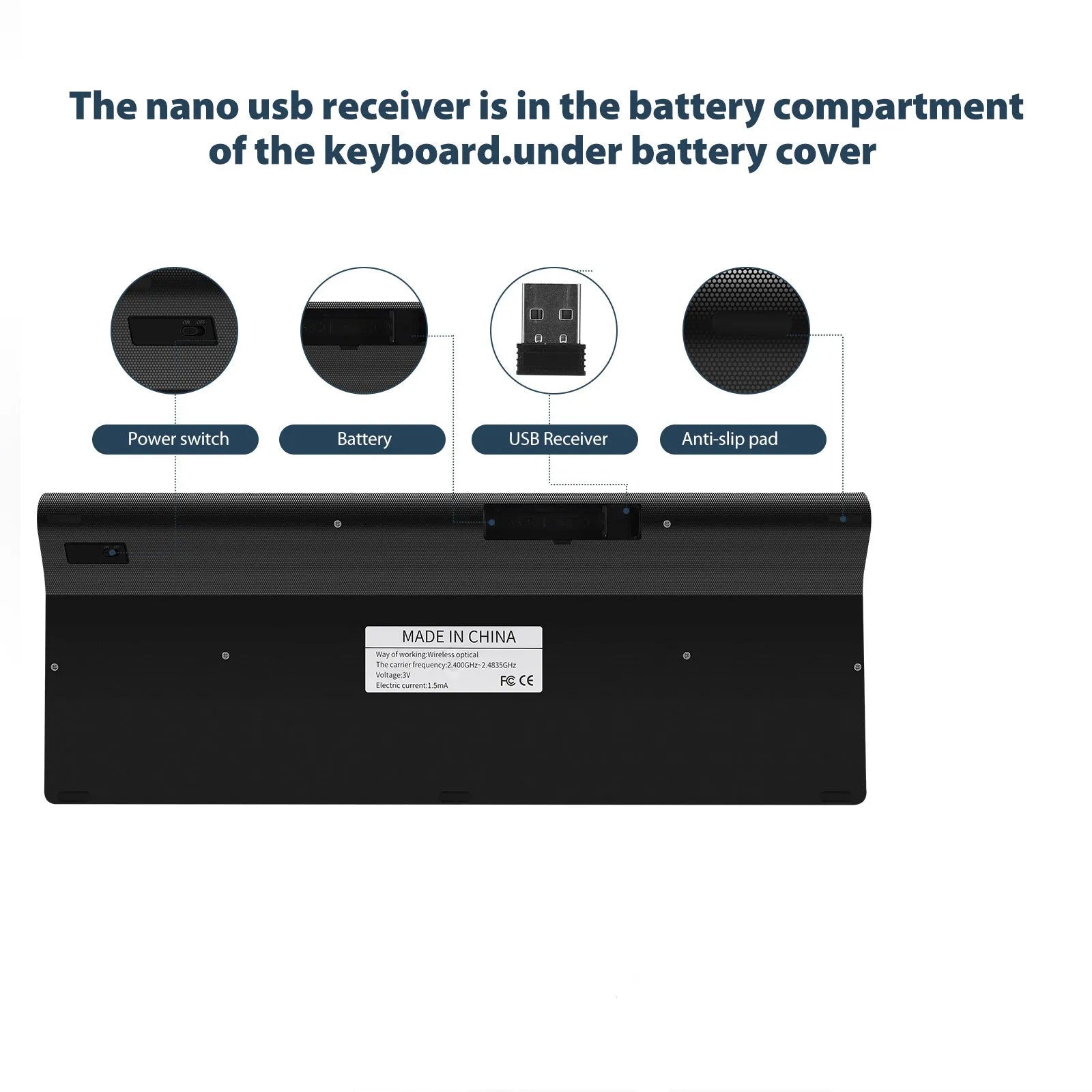 Wireless keyboard iron gray silicone keys ultra-thin profile with Nano USB receiver stored on back