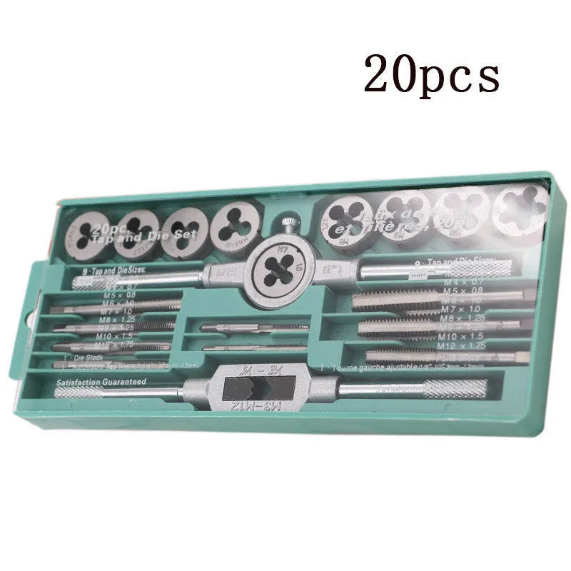 20-piece metric tap and die set with alloy steel construction for hand threading applications