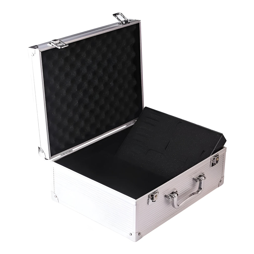 Black aluminium tattoo equipment storage box with secure latch for professional organisation