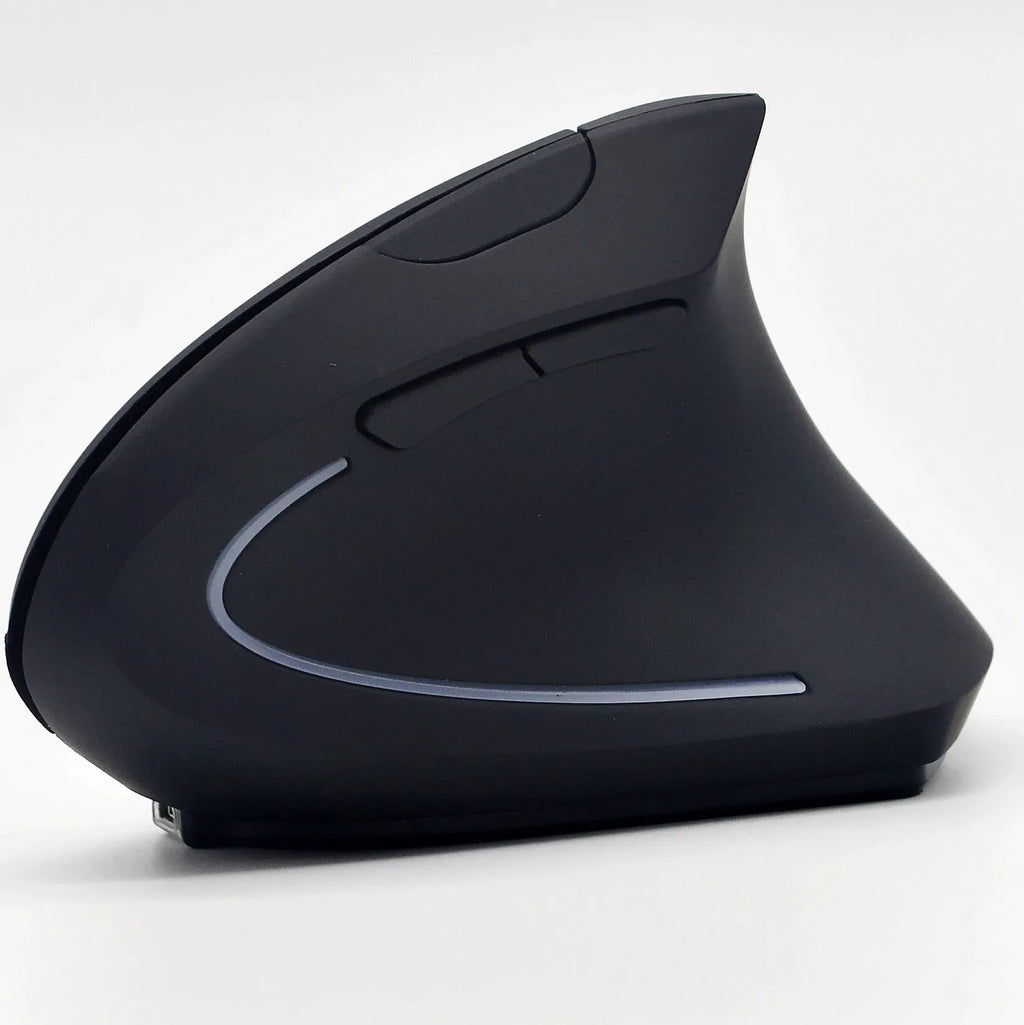 Ergonomic vertical wireless mouse in black with six buttons and four-way scroll wheel on a desk