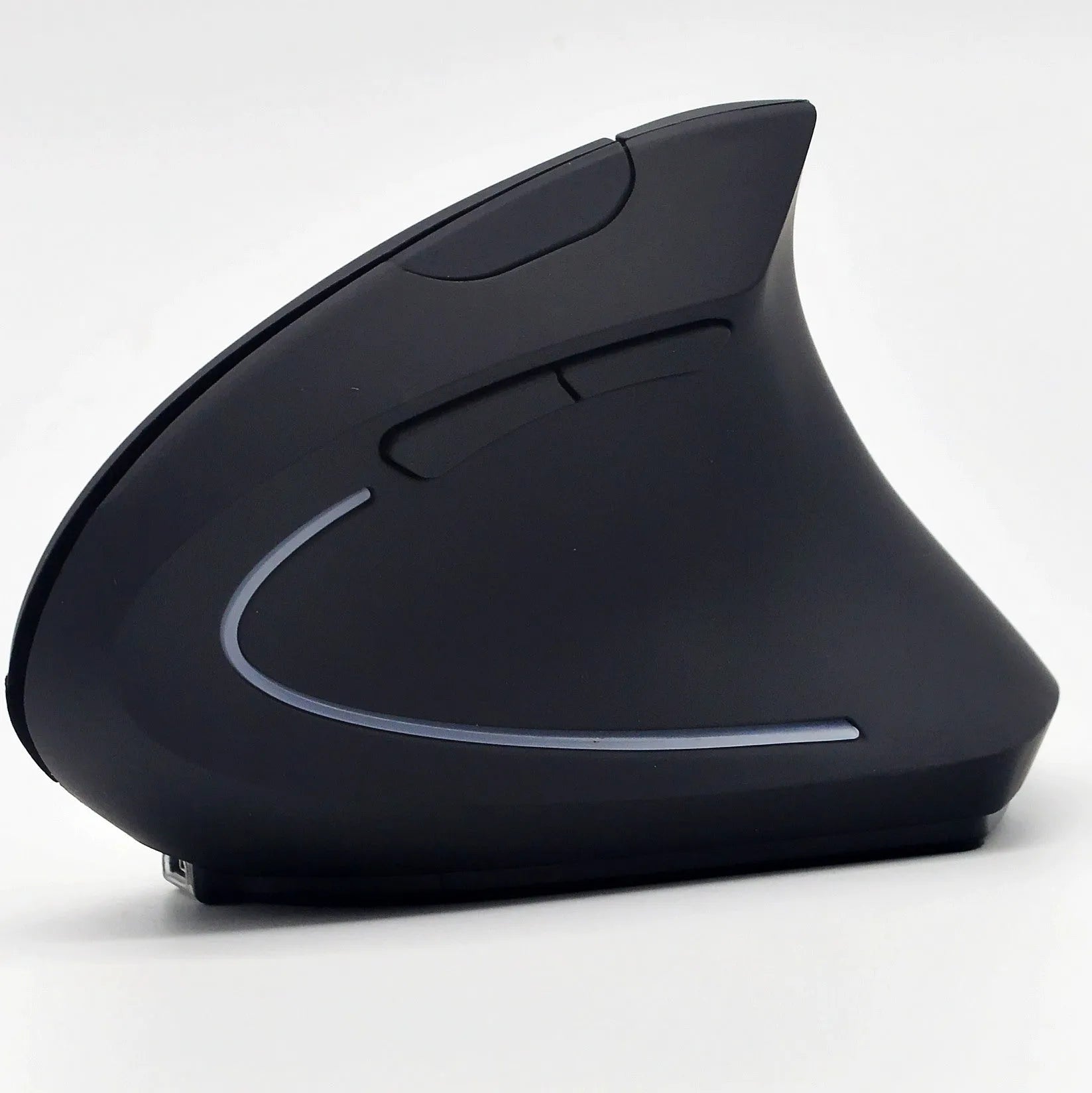 Ergonomic vertical wireless mouse in black with six buttons and four-way scroll wheel on a desk
