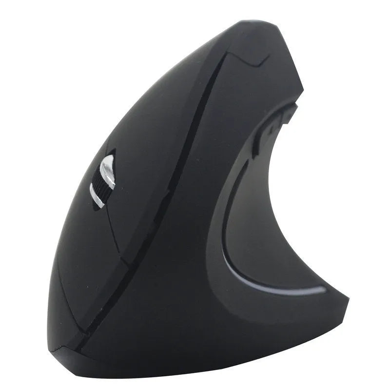 Ergonomic vertical wireless mouse in black with six buttons and four-way scroll wheel on a desk