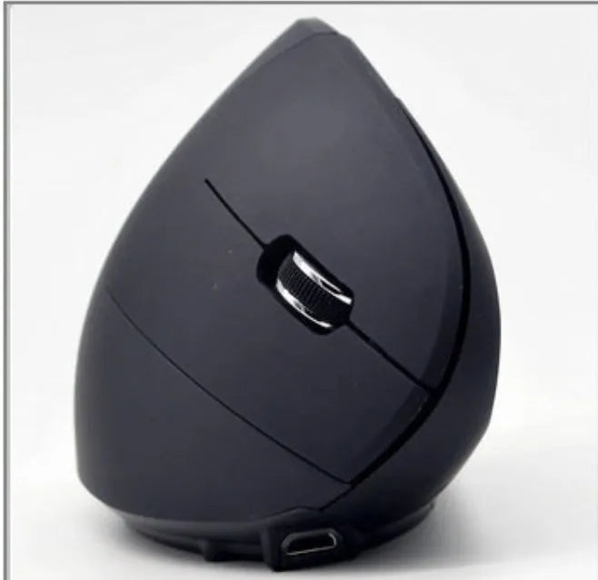 Ergonomic vertical wireless mouse in black with six buttons and four-way scroll wheel on a desk