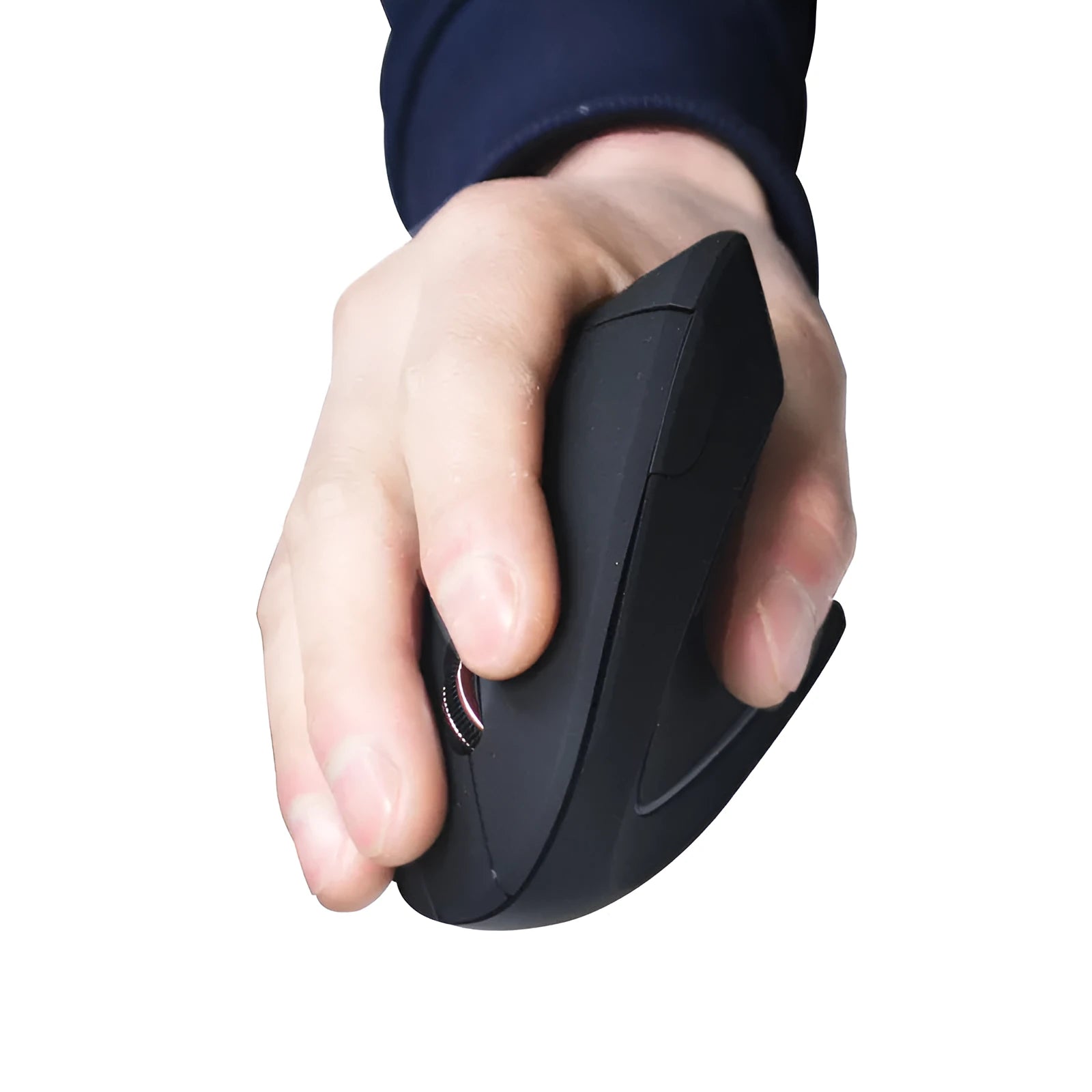 Ergonomic vertical wireless mouse in black with six buttons and four-way scroll wheel on a desk