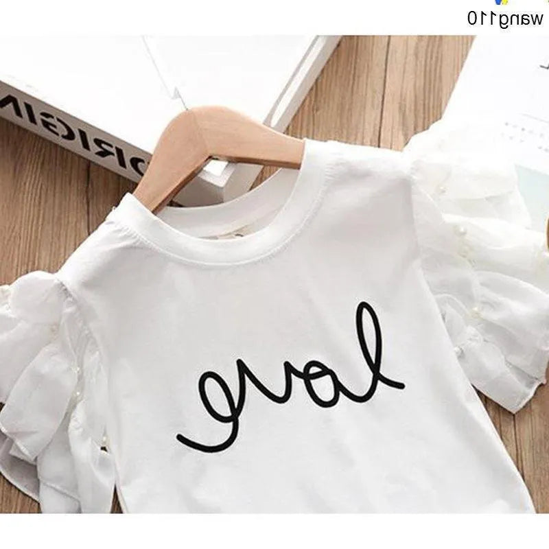 Summer girls two-piece T-shirt and hole pants clothing set in green for middle school children