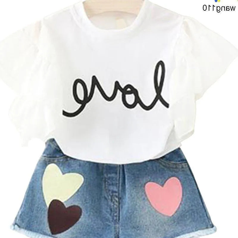 Summer girls two-piece T-shirt and hole pants clothing set in green for middle school children