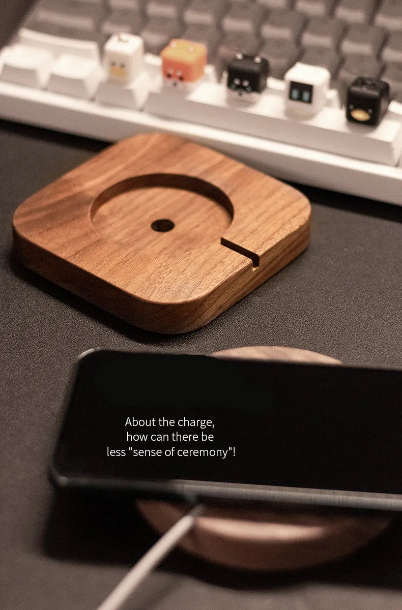 Walnut wood magnetic wireless charging bracket for iPhones with protective cover