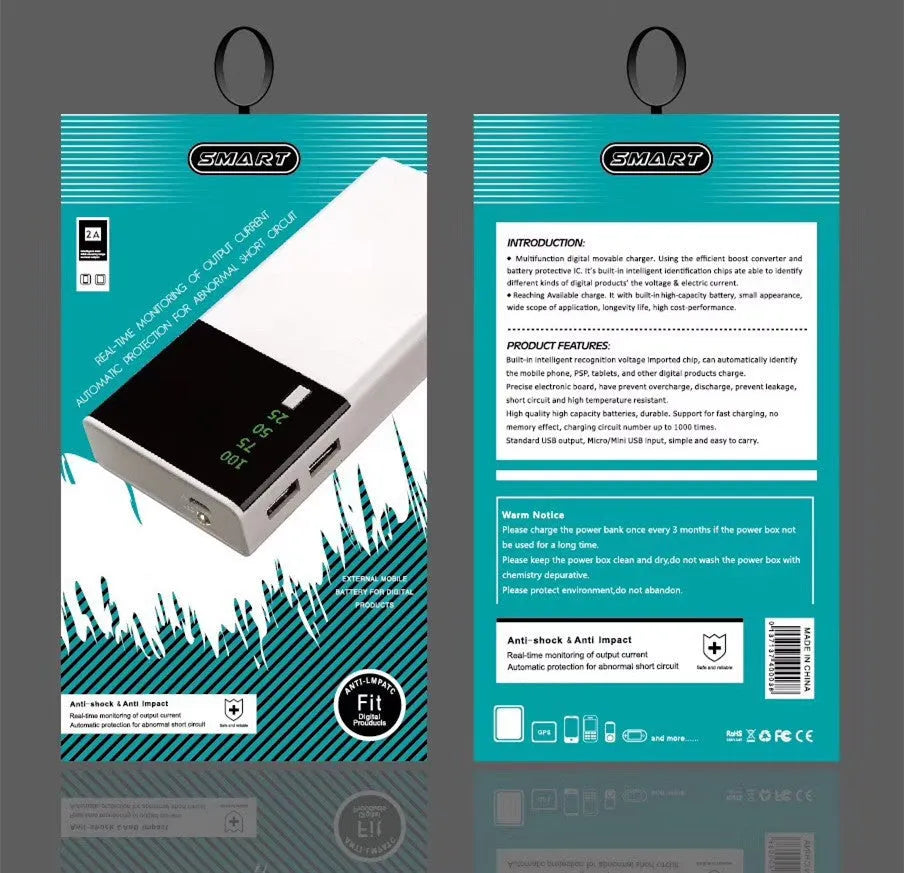 Black rectangular 20000mAh portable power bank with a charging cable.