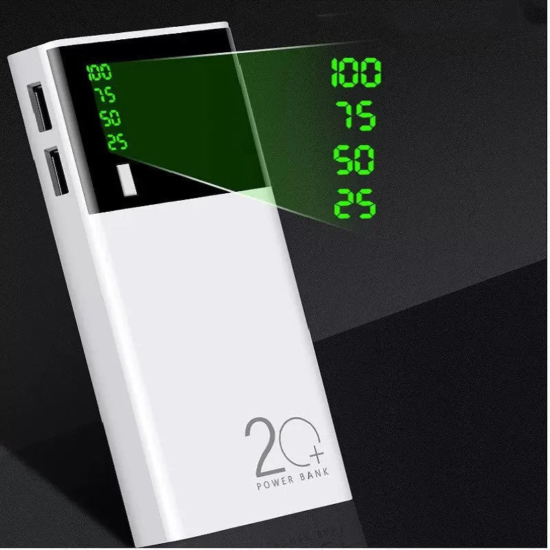 Black rectangular 20000mAh portable power bank with a charging cable.