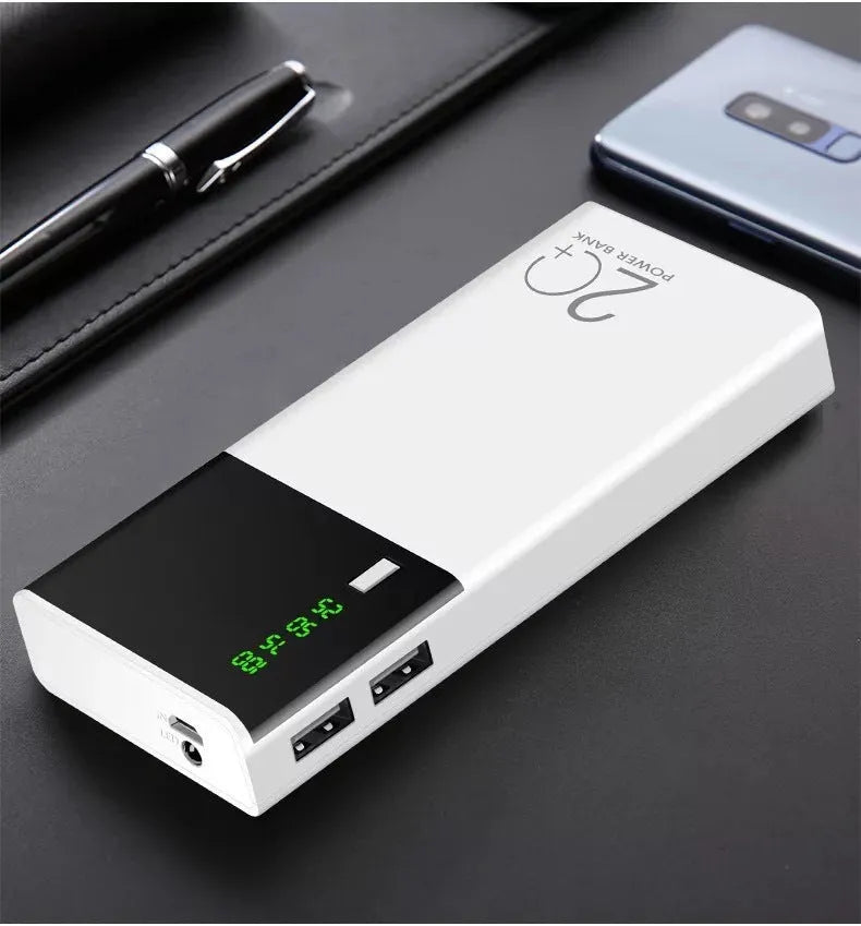 Black rectangular 20000mAh portable power bank with a charging cable.