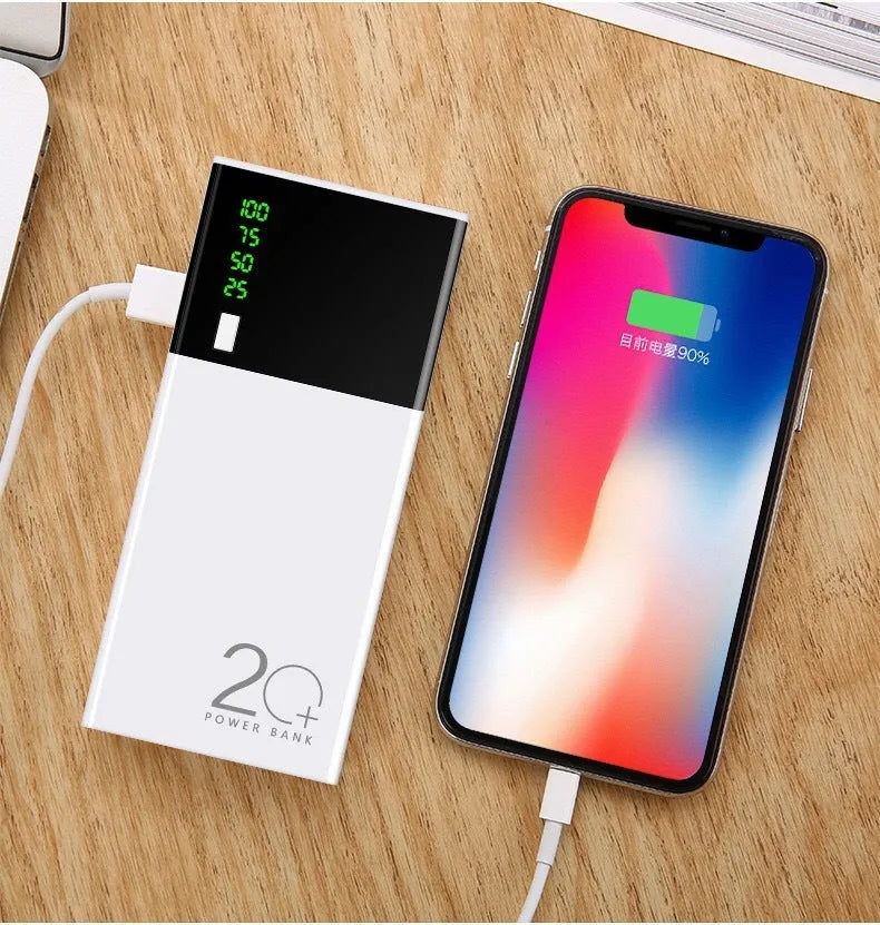 Black rectangular 20000mAh portable power bank with a charging cable.