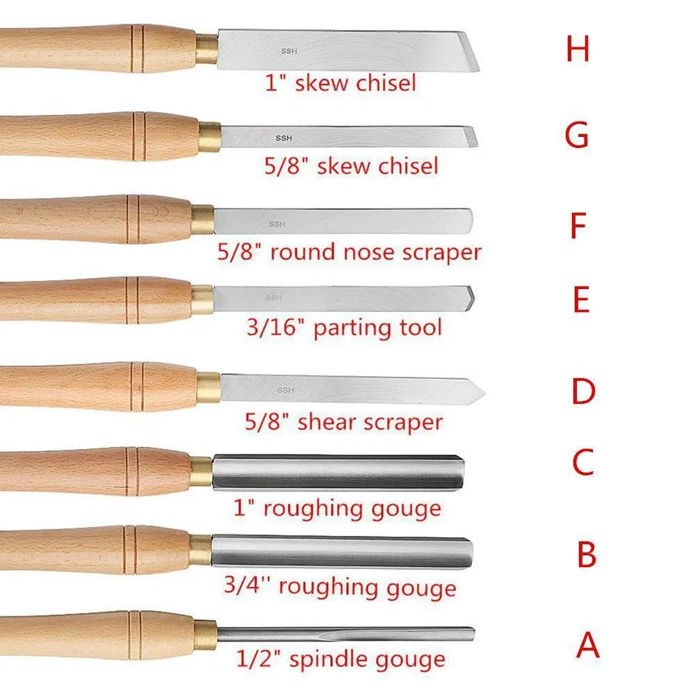 Eight chrome vanadium steel woodturning tools presented inside an open wooden storage box.