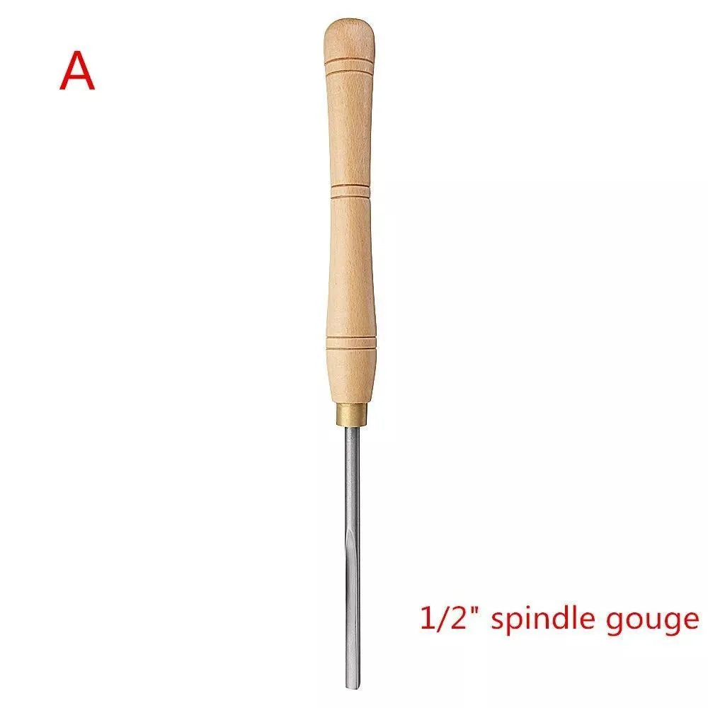 Eight chrome vanadium steel woodturning tools presented inside an open wooden storage box.
