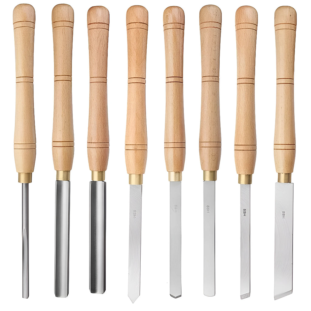 Eight chrome vanadium steel woodturning tools presented inside an open wooden storage box.