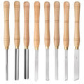 Eight chrome vanadium steel woodturning tools presented inside an open wooden storage box.