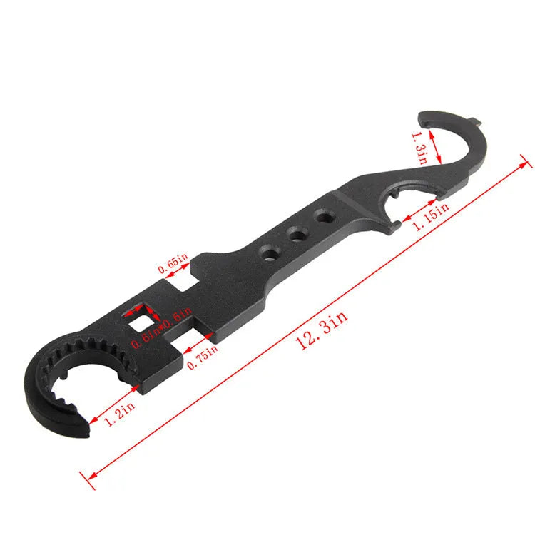 Black steel combination wrench for AR15 and M4 rifles on a plain background.