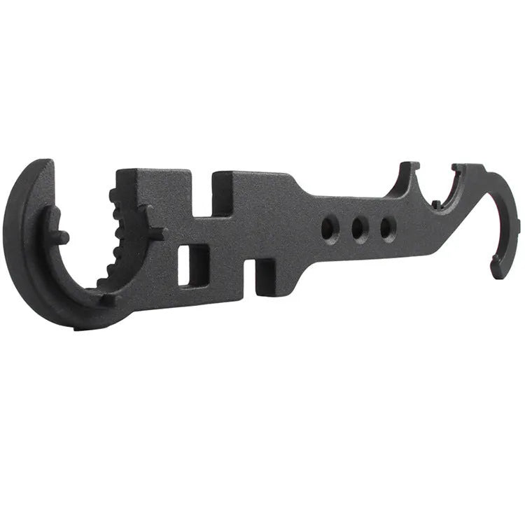 Black steel combination wrench for AR15 and M4 rifles on a plain background.