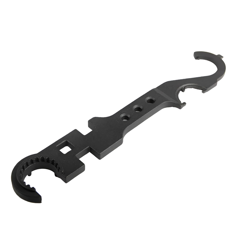 Black steel combination wrench for AR15 and M4 rifles on a plain background.