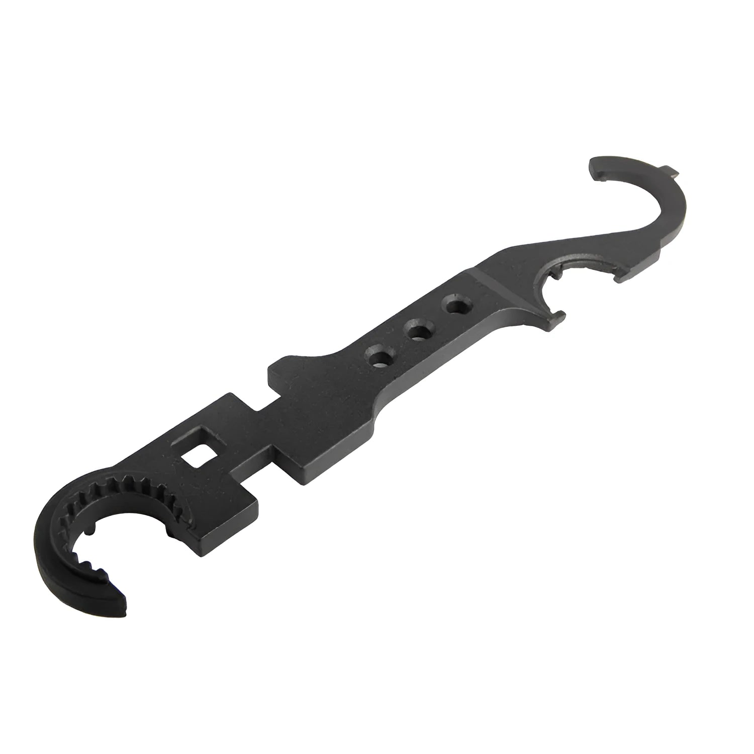 Black steel combination wrench for AR15 and M4 rifles on a plain background.