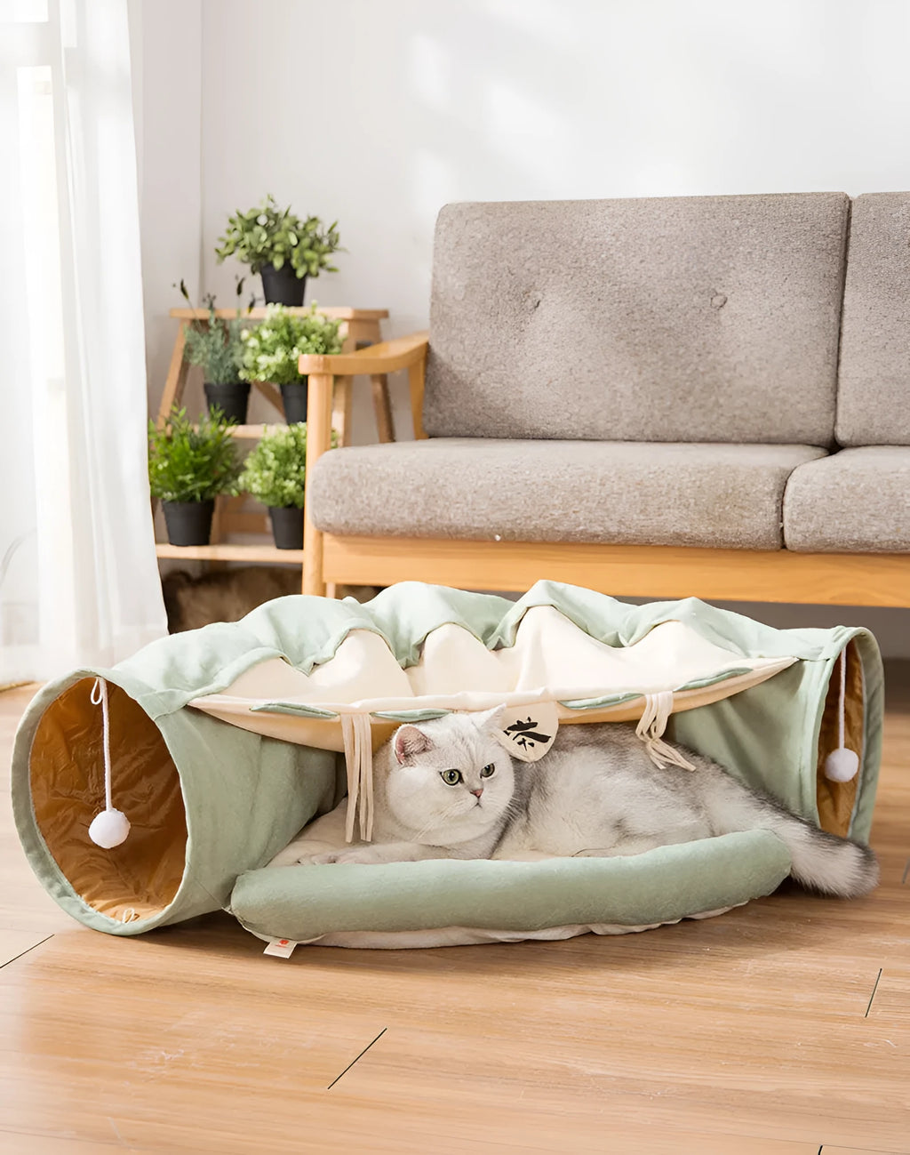 Collapsible cloth cat tunnel in Bar, Coffee, Matcha, or Pink colour, shown folded and unfolded.