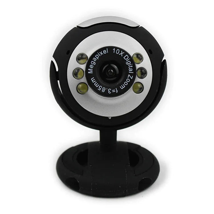 USB webcam with six white LED lights around the lens for computer video calls