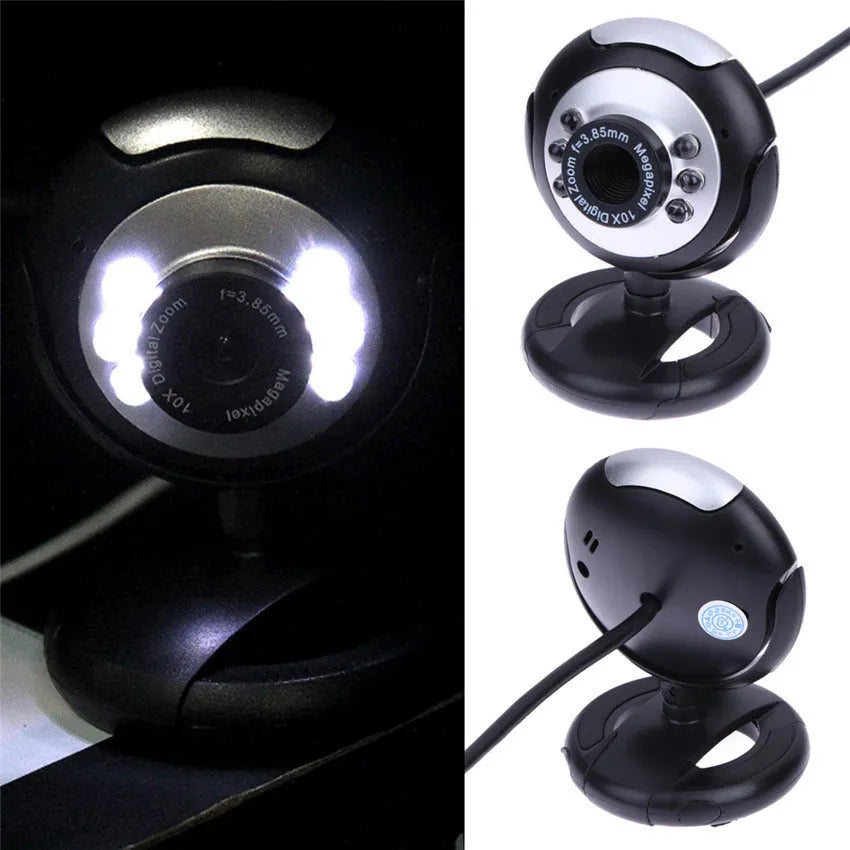 USB webcam with six white LED lights around the lens for computer video calls