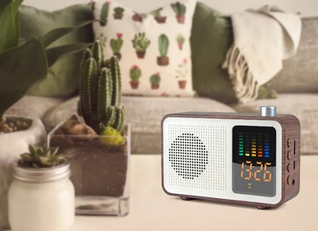 Brown retro Bluetooth speaker with FM radio in wooden cabinet vintage design