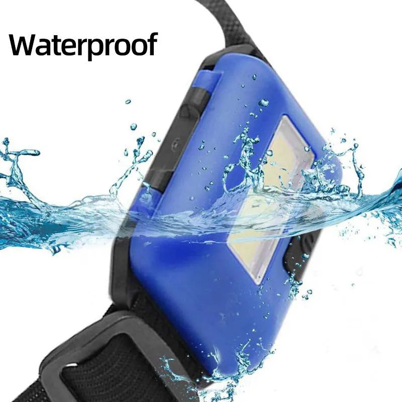 Mini black LED headlamp with adjustable strap showing strong light beam, held in hand.