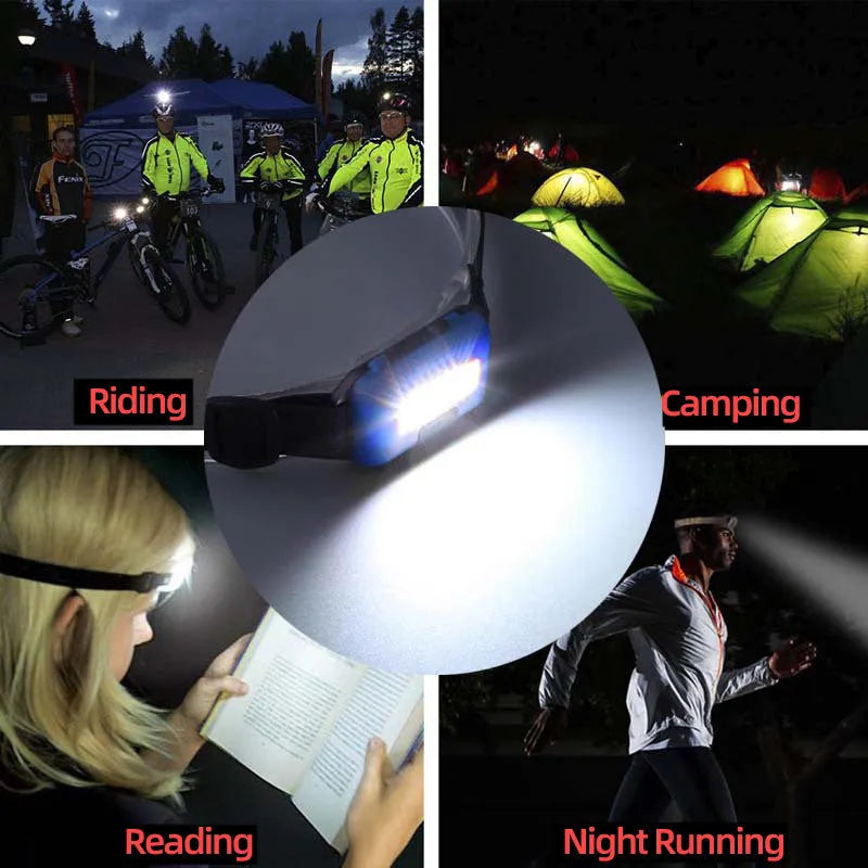 Mini black LED headlamp with adjustable strap showing strong light beam, held in hand.