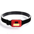 Mini black LED headlamp with adjustable strap showing strong light beam, held in hand.