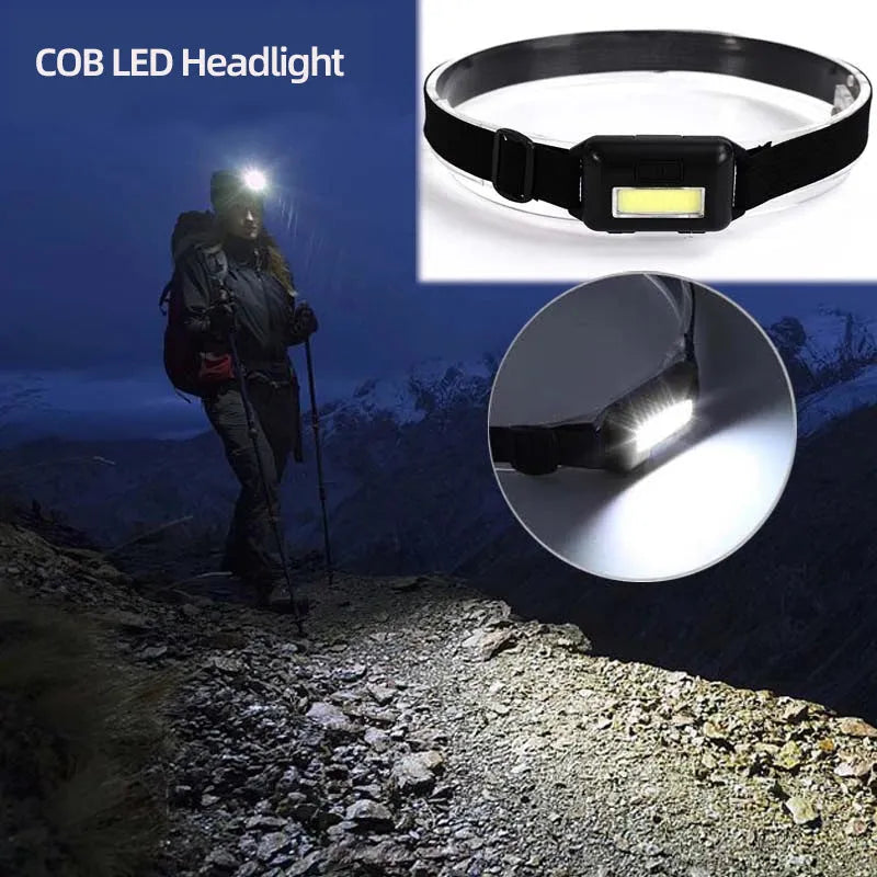 Mini black LED headlamp with adjustable strap showing strong light beam, held in hand.