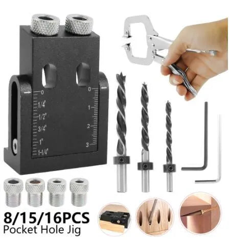 Black aluminium alloy woodworking perforation locator tool with sleeves and drill bits for board connections