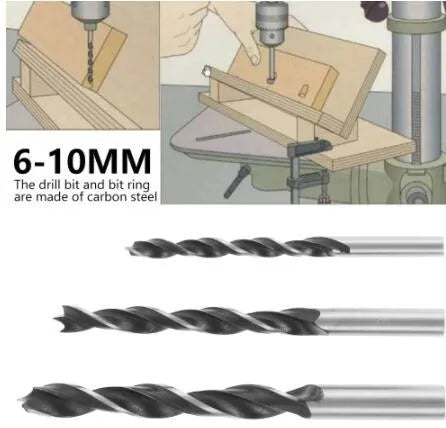 Black aluminium alloy woodworking perforation locator tool with sleeves and drill bits for board connections