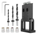 Black aluminium alloy woodworking perforation locator tool with sleeves and drill bits for board connections