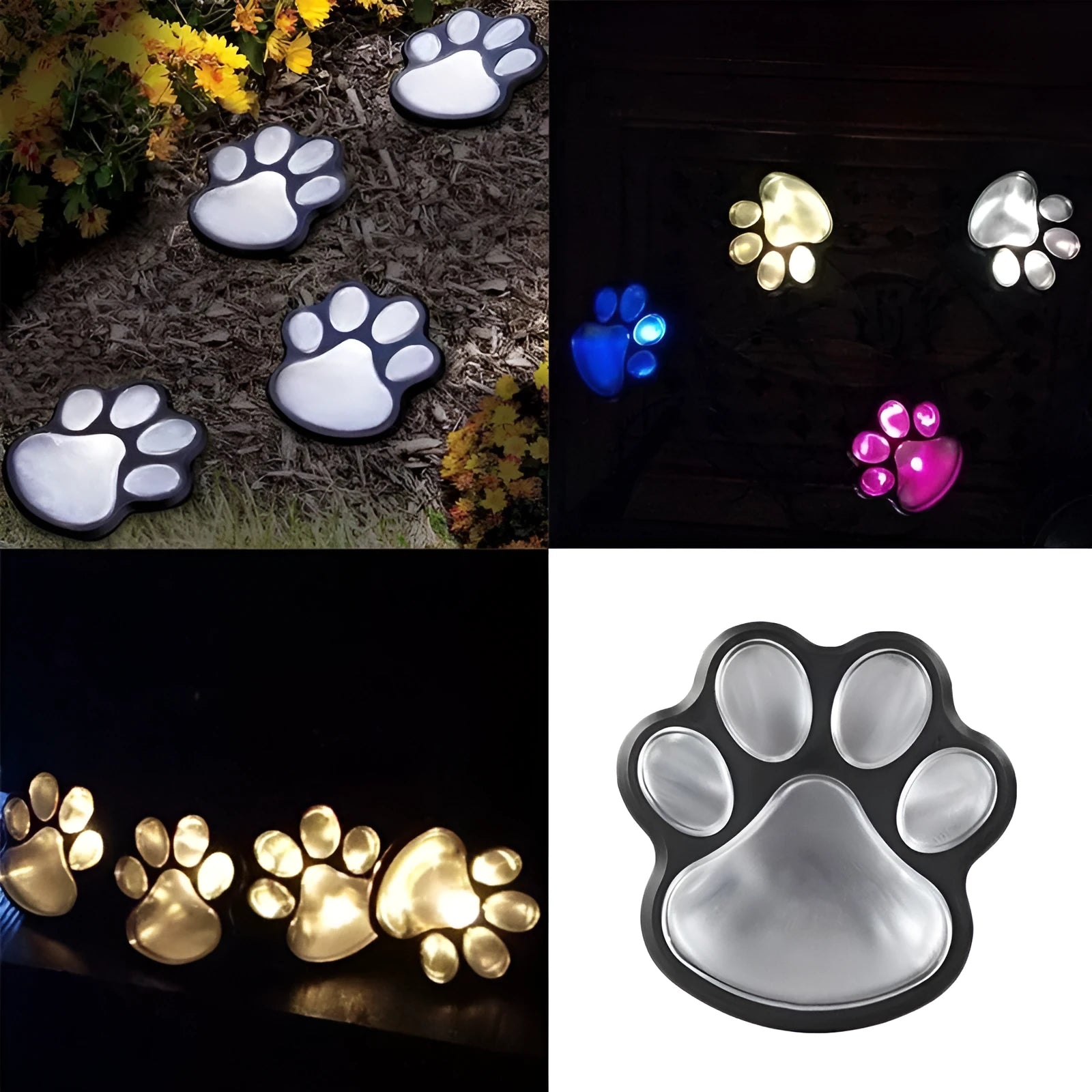 Black solar-powered bear paw print LED garden lights with four paw shapes connected to solar panel