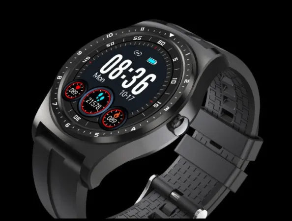 Black fitness smart watch with full circle touch display and silicone wrist strap showing heart rate monitoring