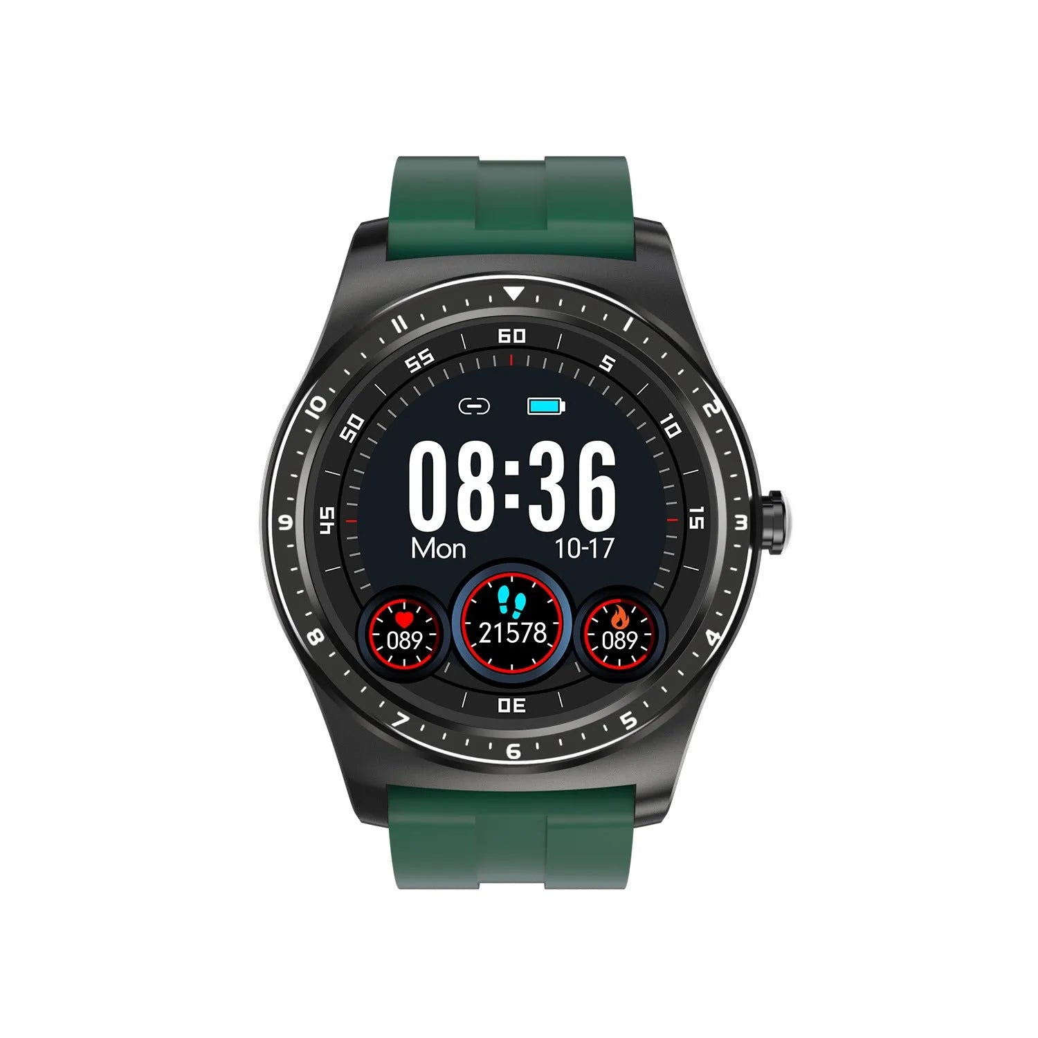 Black fitness smart watch with full circle touch display and silicone wrist strap showing heart rate monitoring