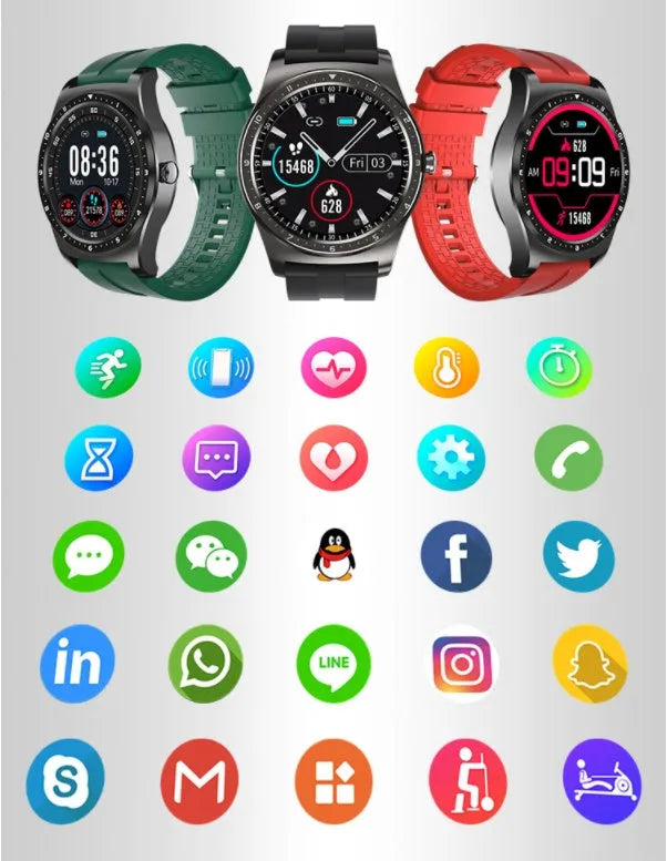 Black fitness smart watch with full circle touch display and silicone wrist strap showing heart rate monitoring