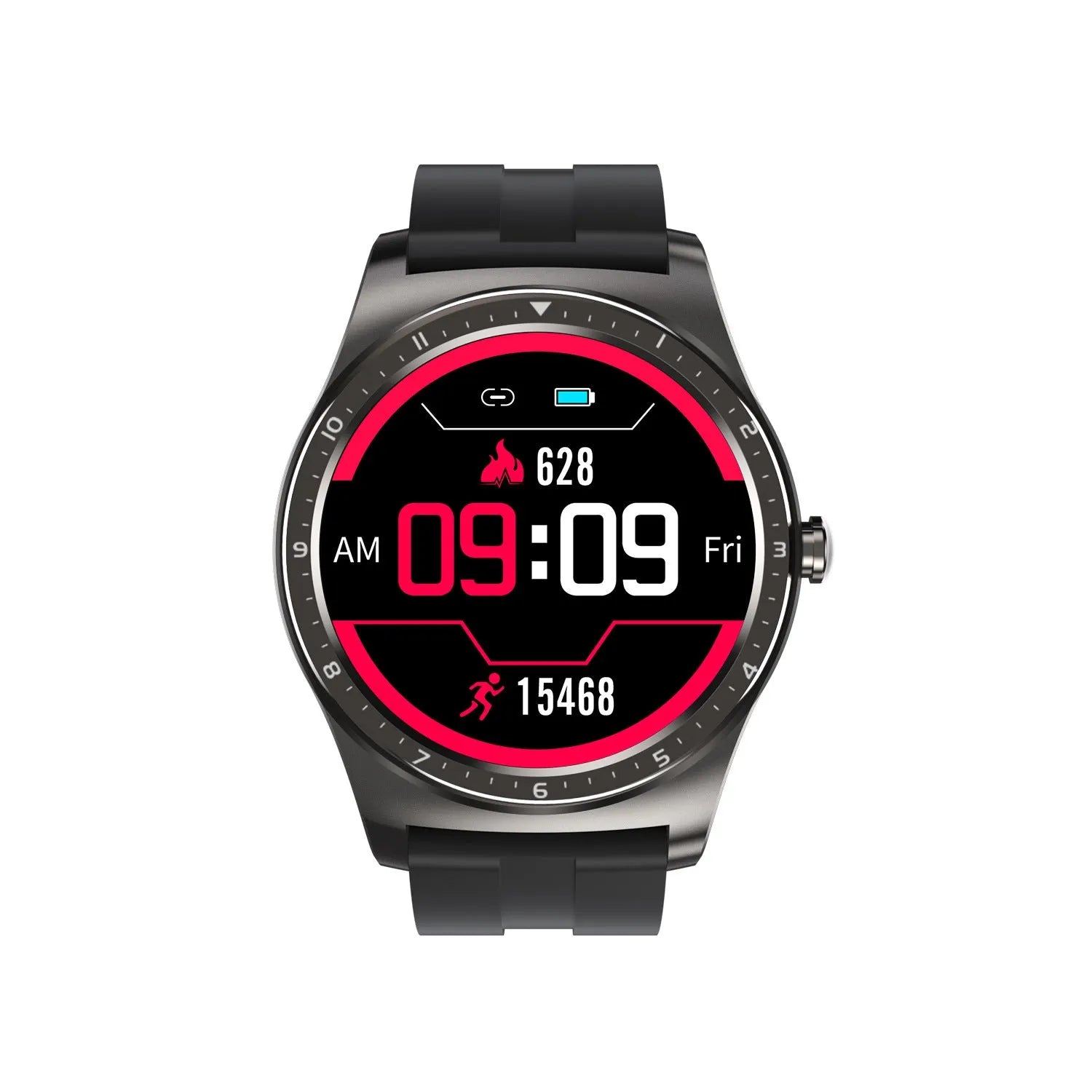 Black fitness smart watch with full circle touch display and silicone wrist strap showing heart rate monitoring