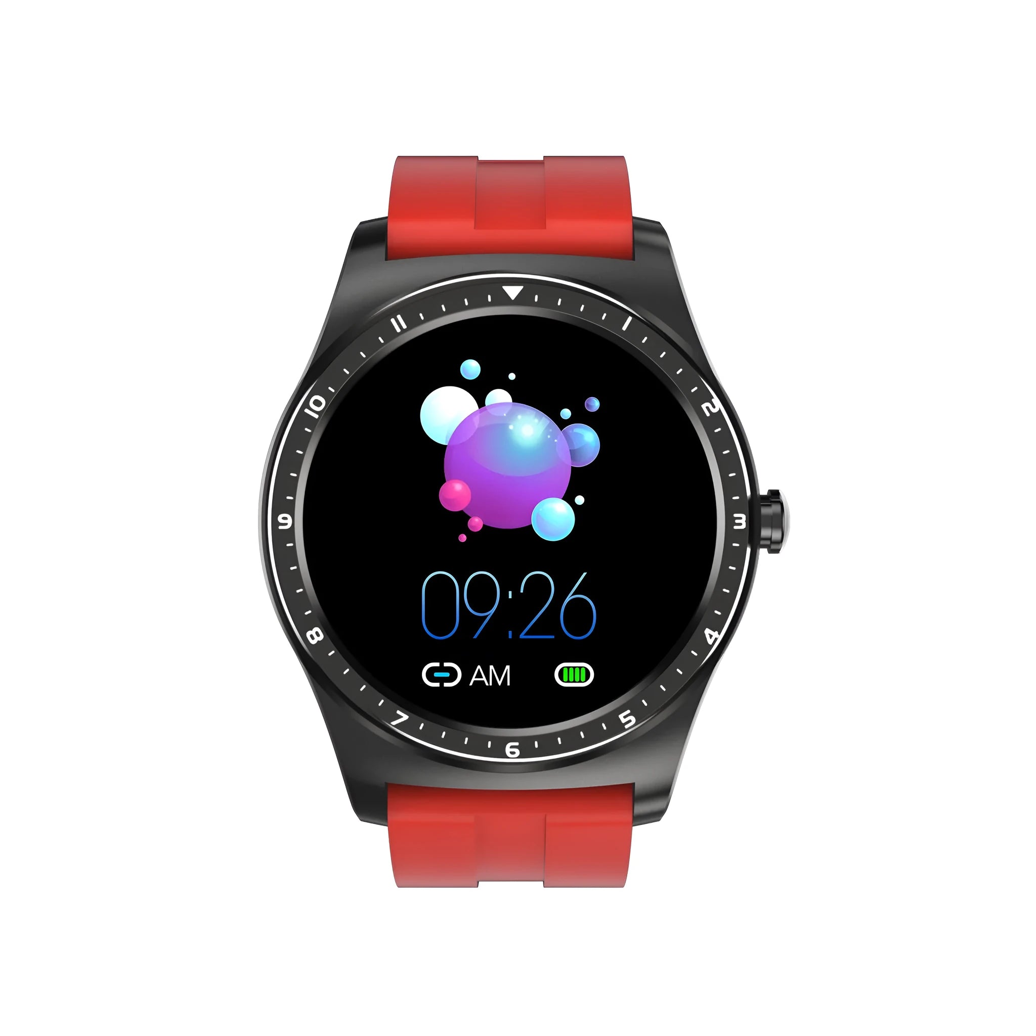 Black fitness smart watch with full circle touch display and silicone wrist strap showing heart rate monitoring